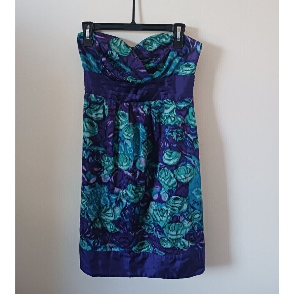 Moulinette Soeurs Anthropologie Purple Green Floral Mini Dress Strapless Size 2